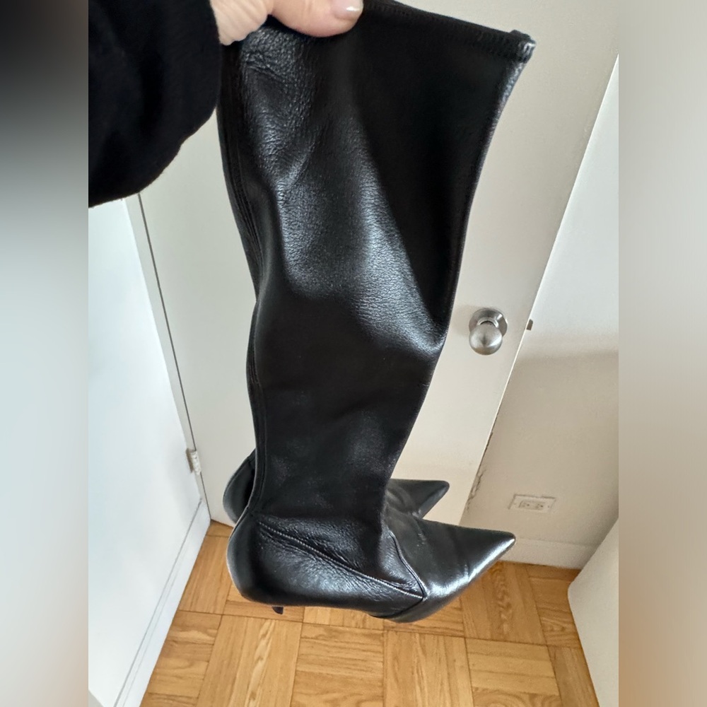 Prada low heel pointy toe stretch pull on leather boot